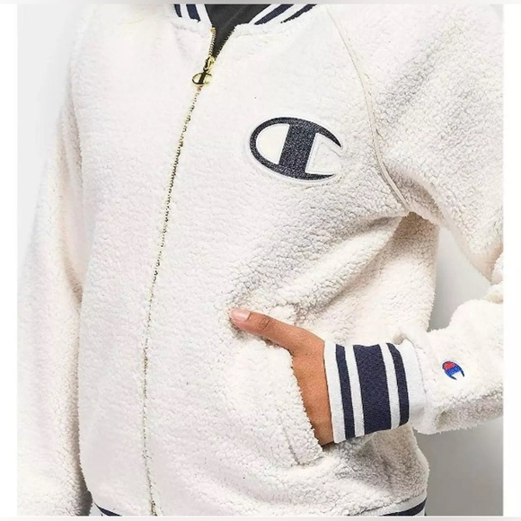 CHAMPION Jacket SHERPA FLEECE BOMBER Logo Patches Script Relaxed Lined Sz Small - Picture 2 of 9
